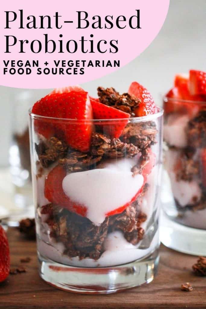 Strawberry yogurt parfait in a glass with pink and black text that reads, "Plant-Based Probiotics: Vegan + Vegetarian Food Sources."