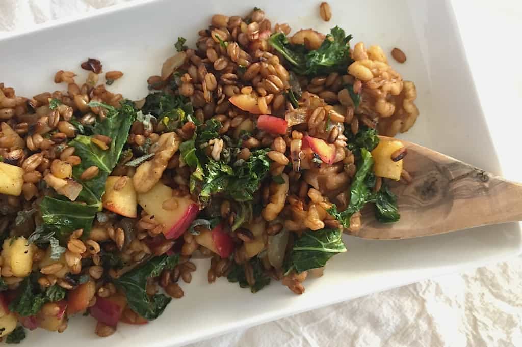 Warm spelt berry salad with kale, apple + walnuts tossed in a cinnamon balsamic vinaigrette. Healthy + vegan thanksgiving dish!