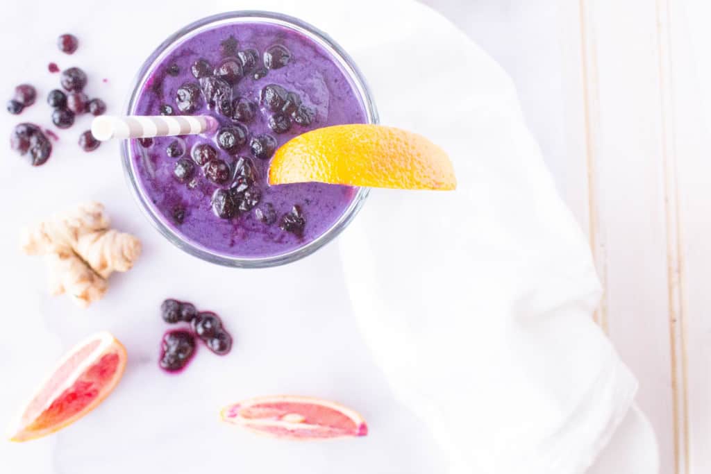 Wild Blueberry + Blood Orange Smoothie with Ginger. Healthy vegan smoothie recipe from The Grateful Grazer.