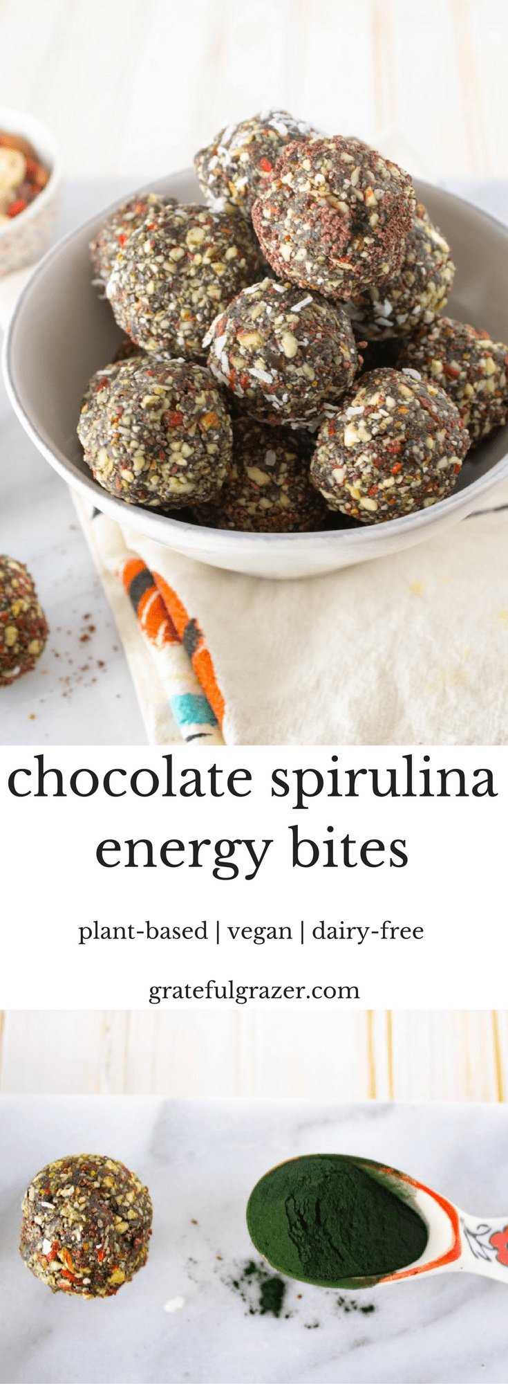 These Spirulina Superfood Bites are the perfect snack for the spirulina novice. With plant-based protein, fiber, and healthy fats, these bites make a great pre- or post- workout snack.