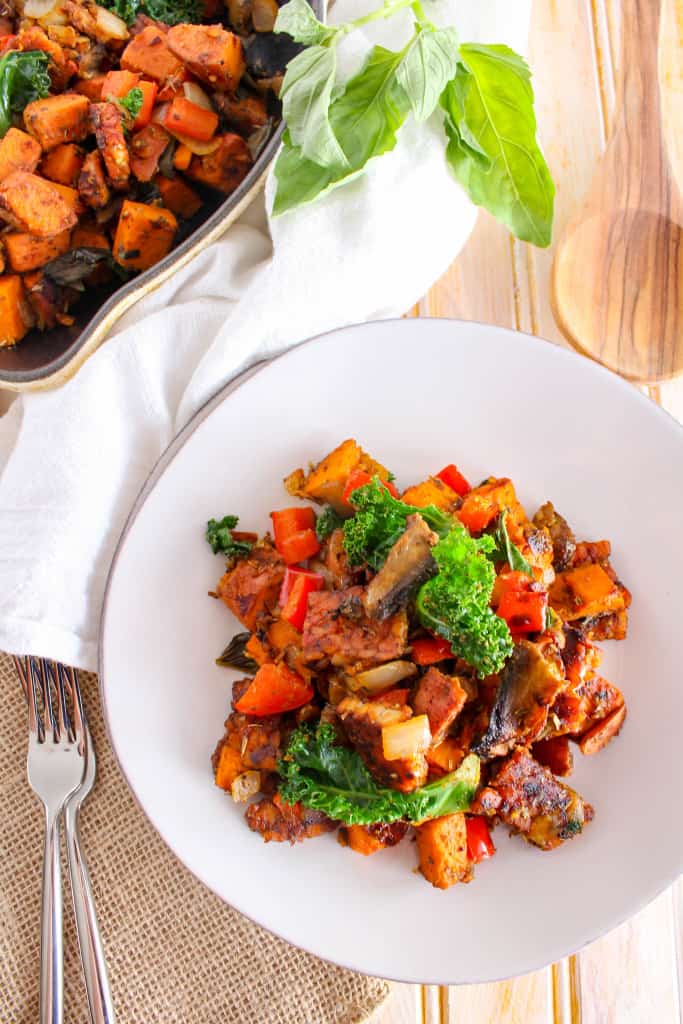 This Tempeh Bacon Hash recipe is made with sweet potatoes and mushrooms and is a delicious, healthy alternative to regular bacon breakfast hash.