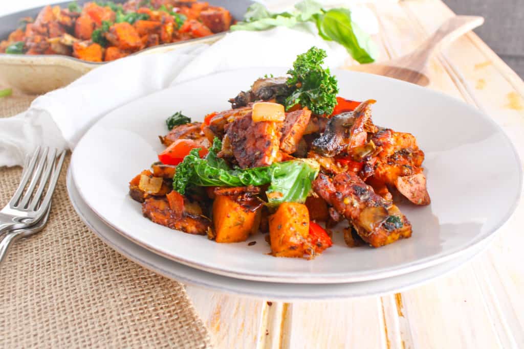 This Tempeh Bacon Hash recipe is made with sweet potatoes and mushrooms and is a delicious, healthy alternative to regular bacon breakfast hash.