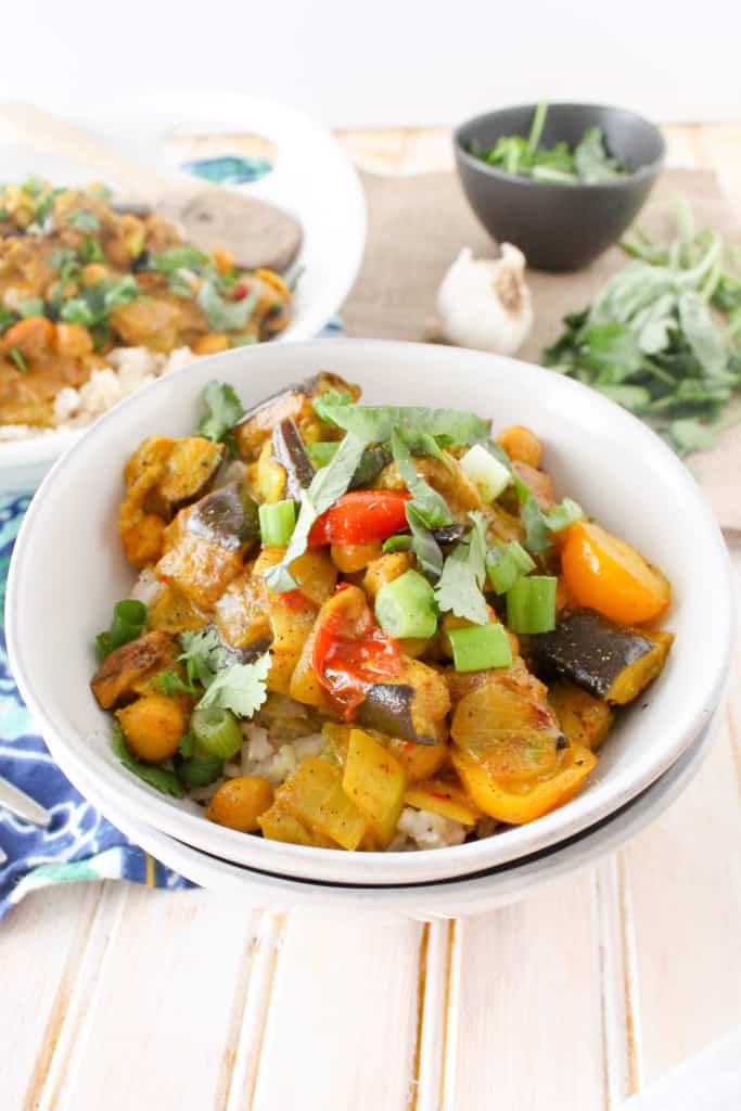 Homemade Roasted Eggplant Coconut Curry is simpler than you might think! This delicious recipe is dairy-free, vegan, and completely plant-based and healthy. 