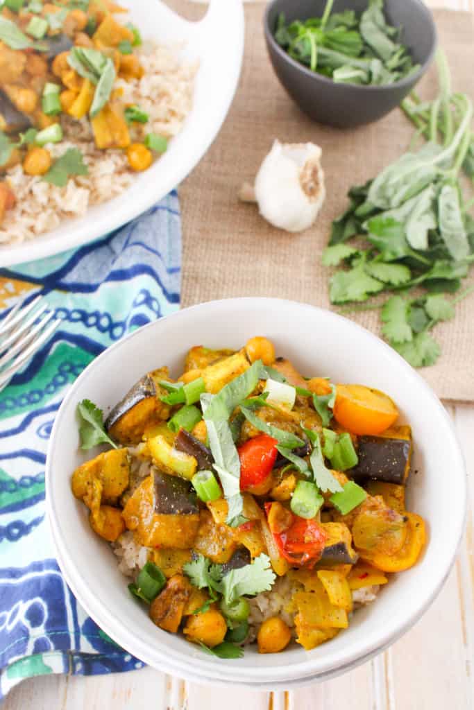 Homemade Roasted Eggplant Coconut Curry is simpler than you might think! This delicious recipe is dairy-free, vegan, and completely plant-based and healthy. 