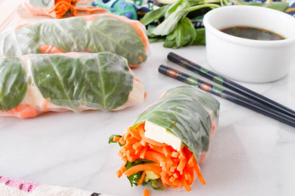 Sweet Potato Spring Rolls with Sesame Ginger Dipping Sauce by The Grateful Grazer.