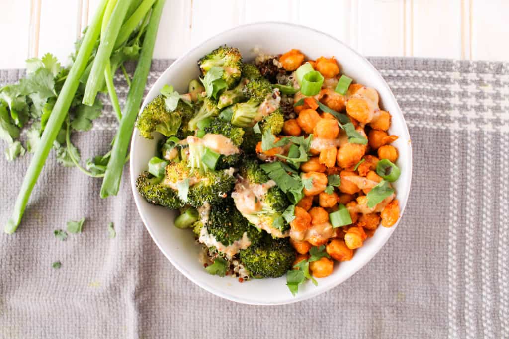 Buffalo Chickpea and Broccoli Bowl with Honey Mustard Tahini Sauce. Vegan and gluten-free. The Grateful Grazer.