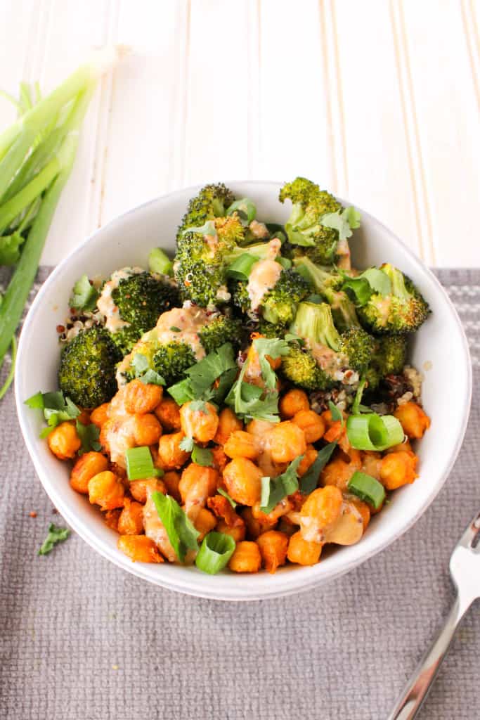 Buffalo Chickpea and Broccoli Bowl with Honey Mustard Tahini Sauce. Vegan and gluten-free. The Grateful Grazer.