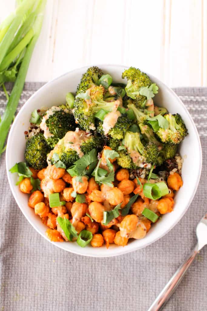 Buffalo Chickpea and Broccoli Bowl with Honey Mustard Tahini Sauce. Vegan and gluten-free. The Grateful Grazer.