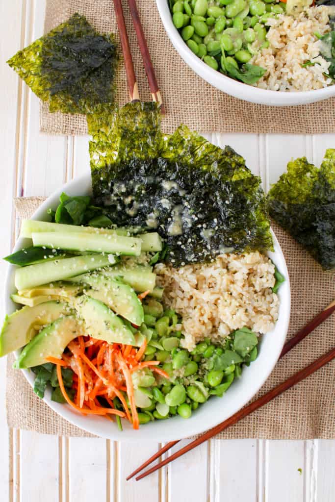 This deconstructed sushi salad is a delicious and simple healthy lunch or dinner. Served with flavorful Sesame Ginger Miso Dressing. Quick and easy recipe!
