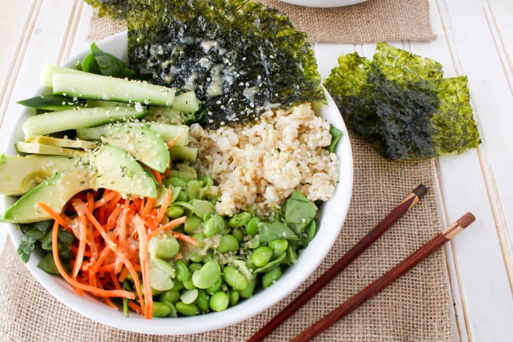 This deconstructed sushi salad is a delicious and simple healthy lunch or dinner. Served with flavorful Sesame Ginger Miso Dressing. Quick and easy recipe!