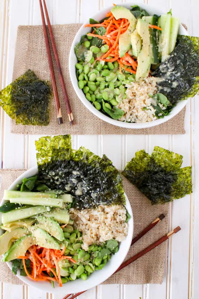 This deconstructed sushi salad is a delicious and simple healthy lunch or dinner. Served with flavorful Sesame Ginger Miso Dressing. Quick and easy recipe!