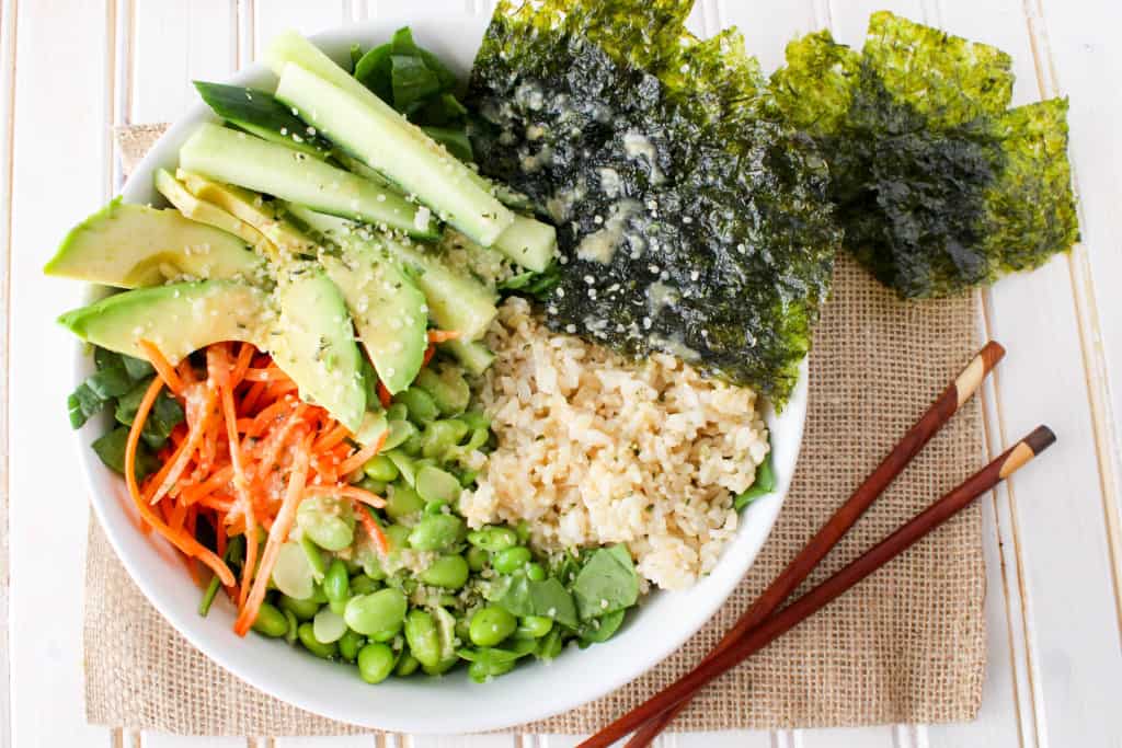 This deconstructed sushi salad is a delicious and simple healthy lunch or dinner. Served with flavorful Sesame Ginger Miso Dressing. Quick and easy recipe!