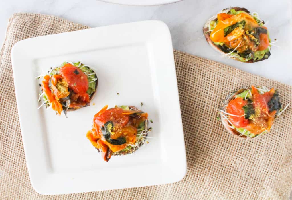 Small Plates for Sunny Days: Roasted Tomato Avocado Toasts by The Grateful Grazer.