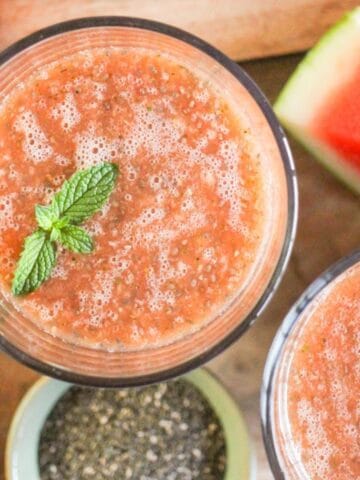Watermelon chia seed drink (chia fresca) garnished with mint.