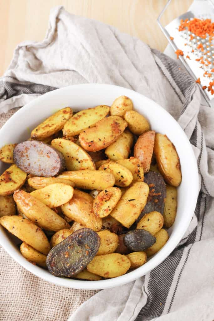 Roasted Turmeric Black Pepper Fingerling Potatoes are a simple and healthy vegan side dish! 