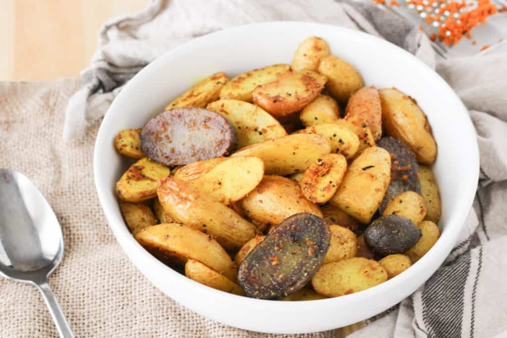 Roasted Turmeric Black Pepper Fingerling Potatoes are a simple and healthy vegan side dish! 