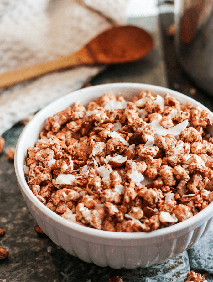 Chocolate popcorn is a delicious way to eat more whole grains! This dessert popcorn recipe is plant-based/vegan, and free of refined sugars and dairy.