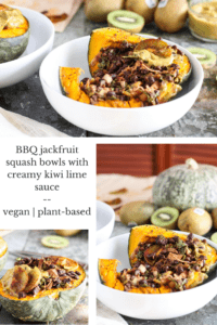 This vegan BBQ jackfruit recipe is perfect for fall/winter! Jackfruit & black beans are served in roasted kabocha squash bowls with creamy kiwi lime sauce.