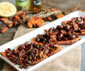 Top your Sweet Potato Toast with zesty Olive Caper Tapenade for a fun party appetizer!