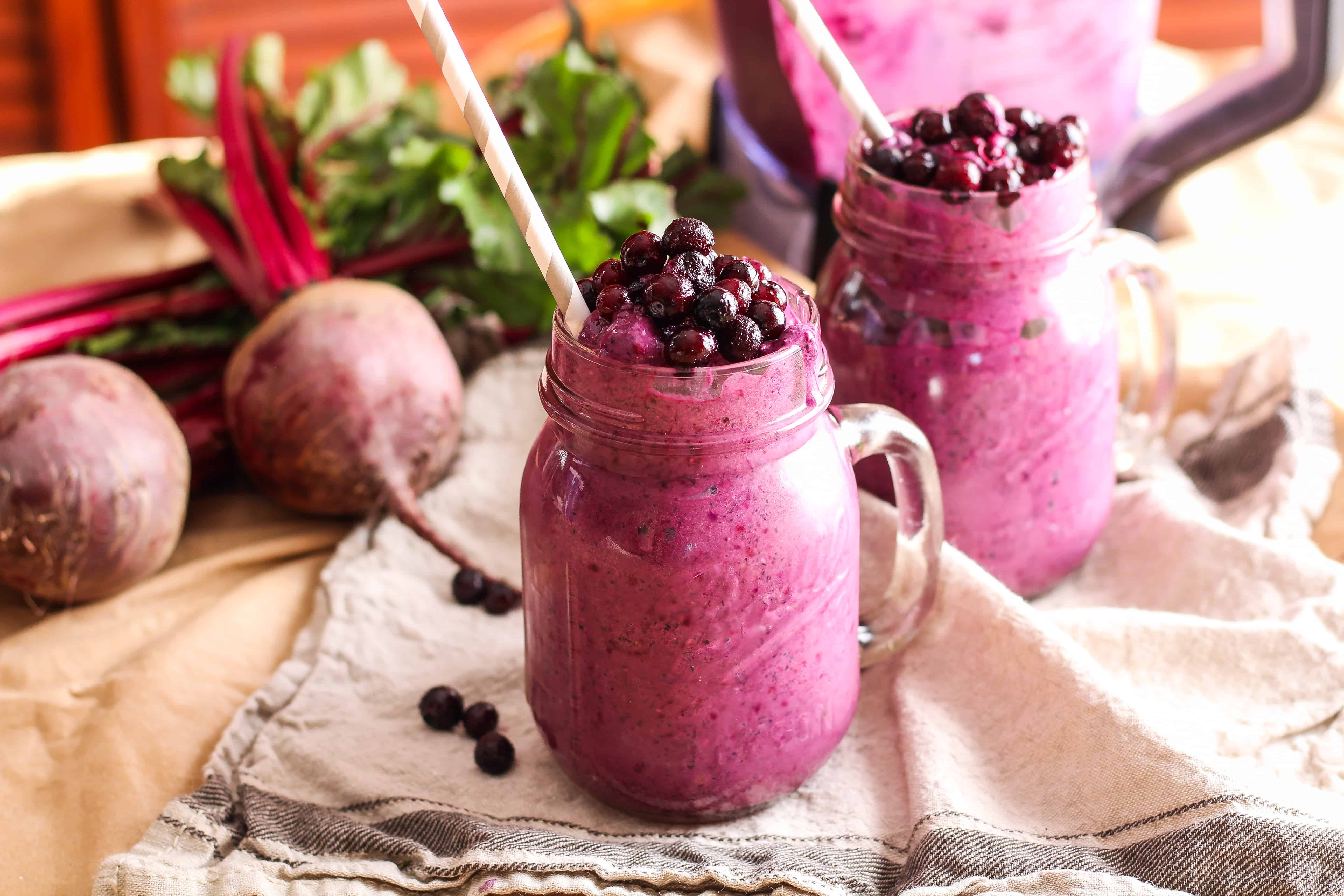 This healthy Wild Blueberry Beet Smoothie is a colorful and nutritious way to start your day with an extra serving of vegetables at breakfast! Dairy-free.