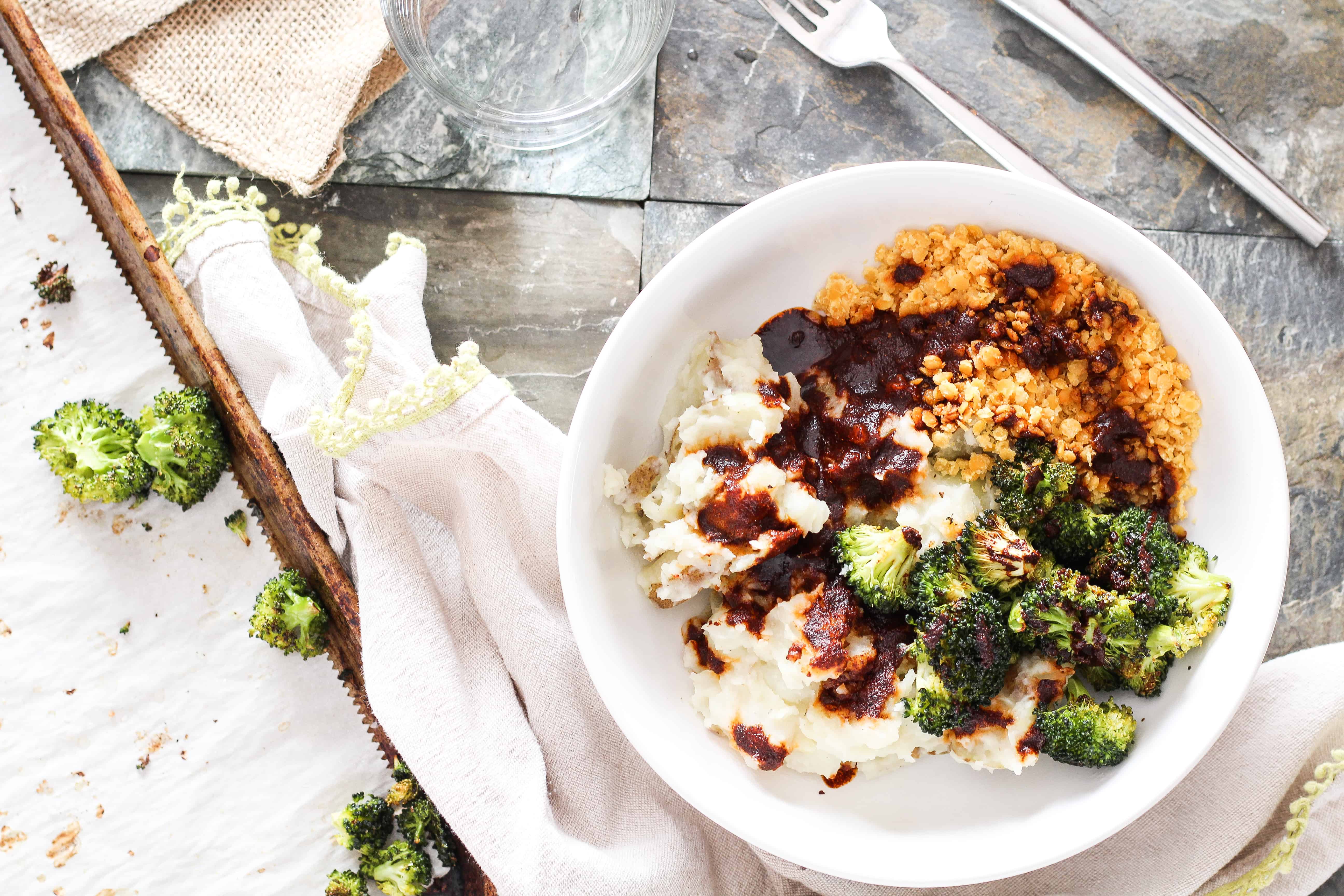 Refuel after a tough workout with nourishing and protein-rich plant-based BBQ Lentil Mashed Potato Bowls with zesty balsamic barbecue sauce.