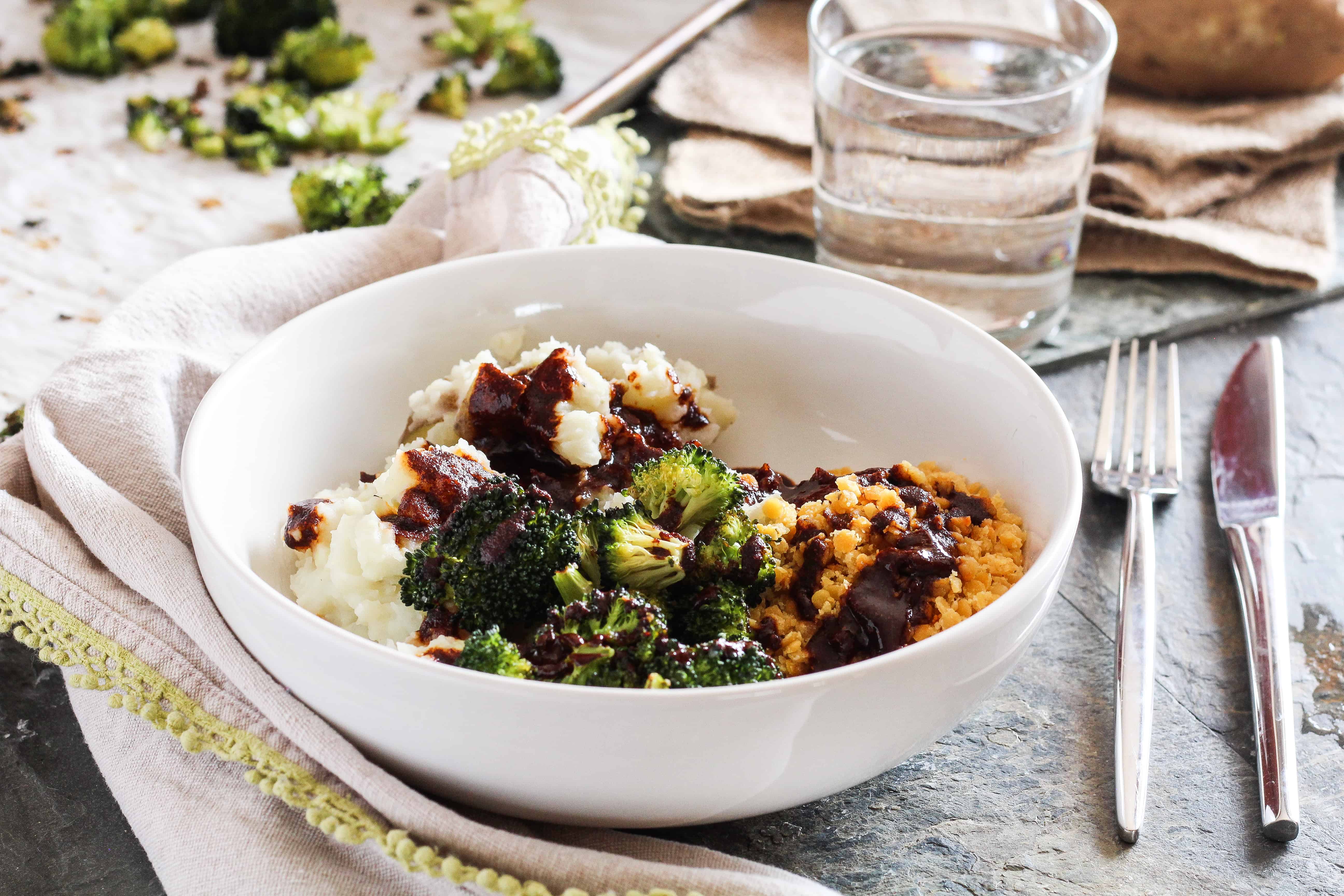 Refuel after a tough workout with nourishing and protein-rich plant-based BBQ Lentil Mashed Potato Bowls with zesty balsamic barbecue sauce.