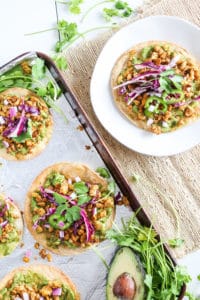 Tempeh tostadas are baked and topped with mashed avocado and soy for a quick healthy meal or snack that is plant-based and vegan with a gluten-free option.