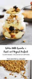 Golden milk granola is a delicious turmeric-based breakfast recipe with anti-inflammatory benefits. Mix with fruit and yogurt to make a healthy parfait!