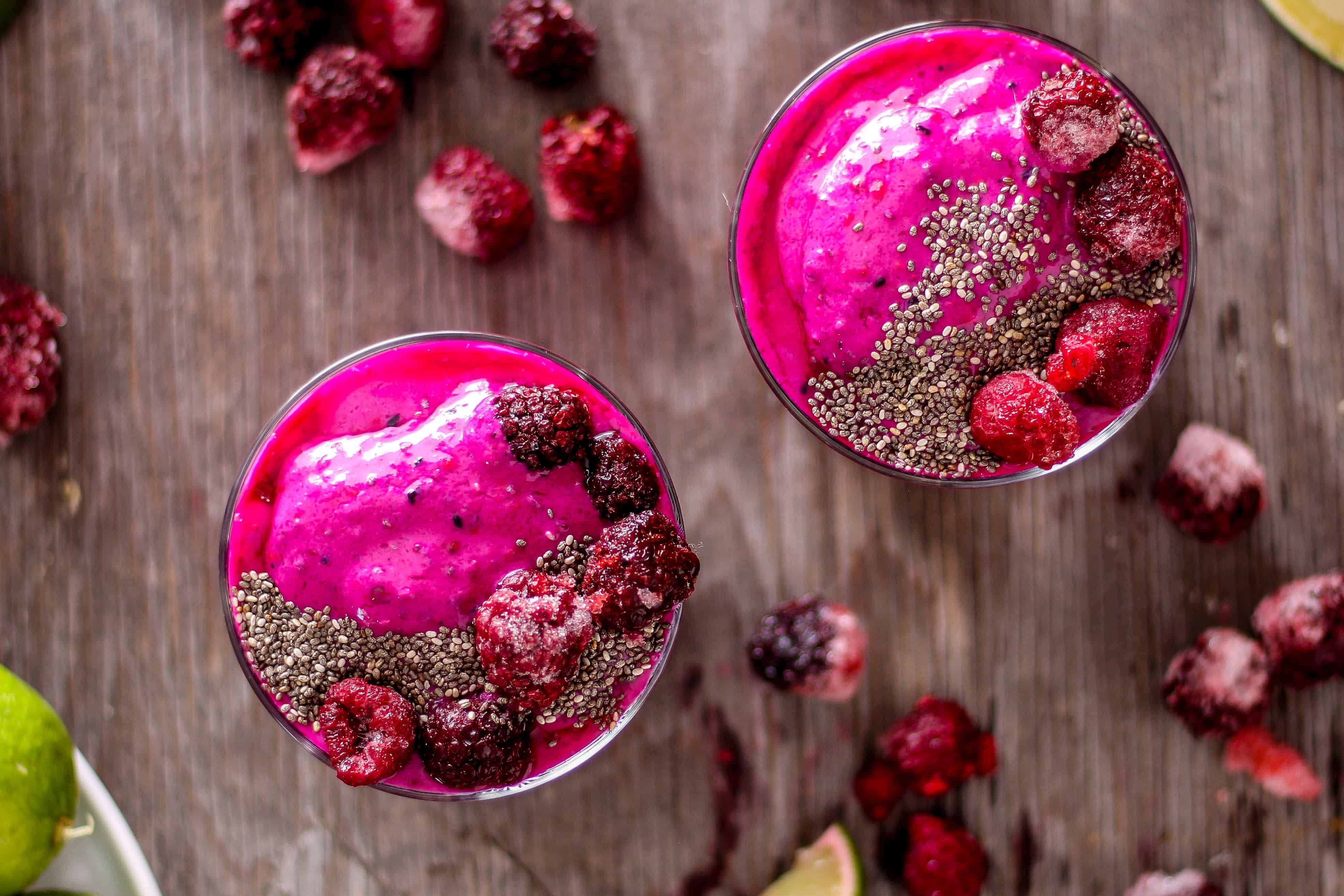 Overhead shot of berry dragon fruit smoothie from top Grateful Grazer recipes.