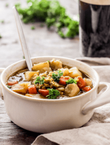 slow cooker Irish stout stew with split peas. Vegetarian recipe for St Patrick's Day.
