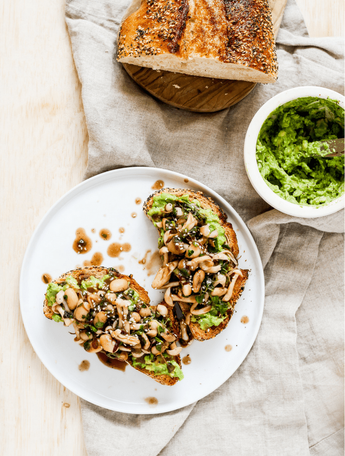 Mushroom avocado toast. A delicious recipe for savory breakfast lovers who don't like eggs. Topped with white beans for extra plant-based protein!