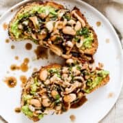 Savory toast with mushrooms, beans, and avocado.