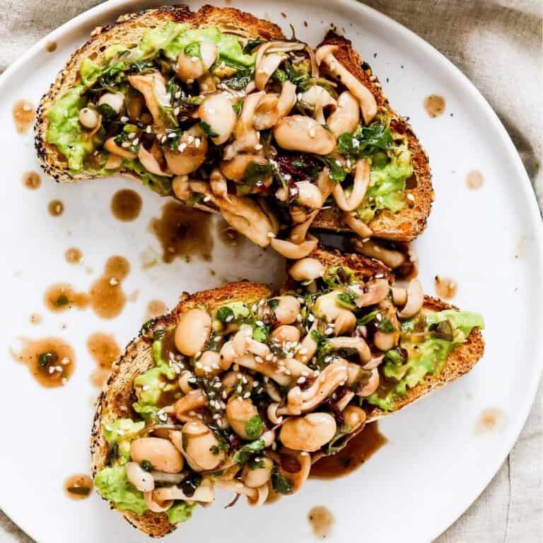 Savory toast with mushrooms, beans, and avocado.