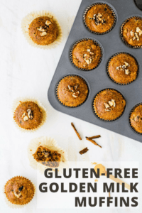 Gluten-free golden milk muffins arranged with cinnamon sticks against a white backdrop with text.