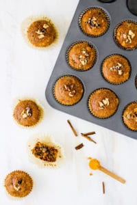Overhead shot of gluten-free golden milk muffins in a muffin tin with spoonful of turmeric and cinnamon sticks against a white backdrop.
