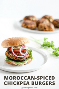 Moroccan Chickpea Burgers on a white plate with text "Moroccan-Spiced Chickpea Burgers"