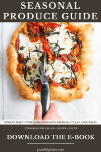 Heirloom tomato pizza with text that reads "Seasonal Produce Guide" at the top and "Download the E-book" on the bottom.