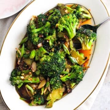 Broccoli Stem Stir-Fry with almonds and garlic ginger sauce.