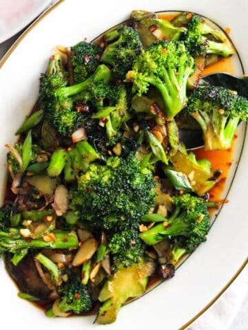 Broccoli Stem Stir-Fry with almonds and garlic ginger sauce.