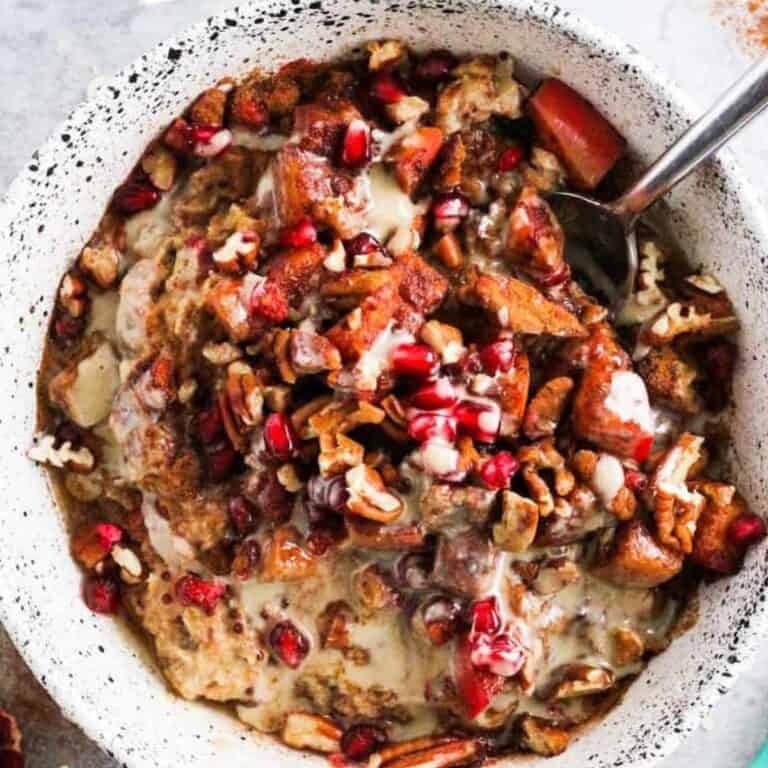 Oatmeal bowl with apples and tahini.