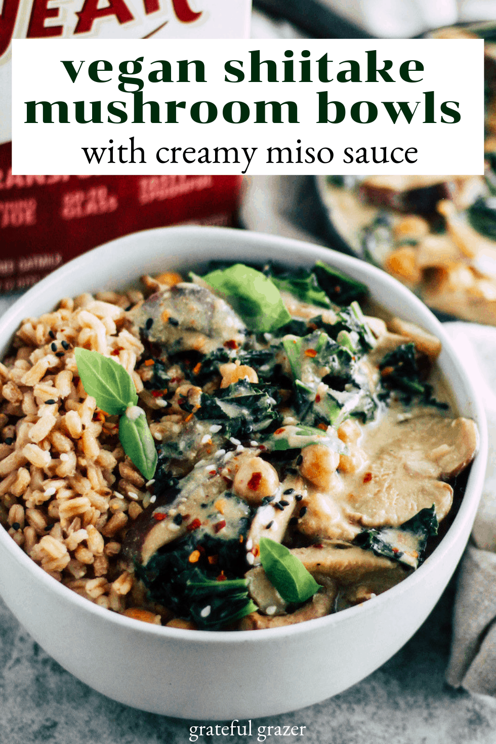 shiitake mushroom bowls with text that reads, "vegan shiitake mushroom bowls with creamy miso sacue."