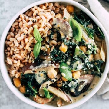 Vegan and vegetarian grain bowl with shiitake mushrooms and miso sauce.