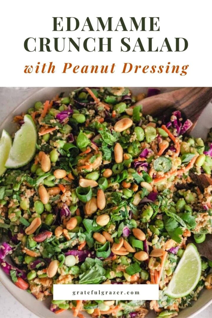 Vegetarian edamame salad with text overlay reading, "Edamame Crunch Salad with Peanut Dressing."