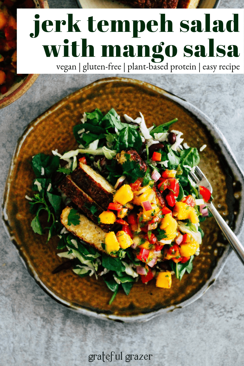 Tempeh salad with mango salsa and text that reads, "Jerk Tempeh Salad with Mango Salsa: vegan, gluten-free, plant-based protein, easy recipe"