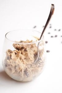 Plant-based snack ideas, including vegan cookie dough in glass with chocolate chips.
