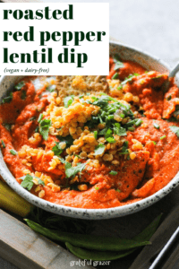 Orange lentil dip wtih teaxt that reads, "roasted red pepper lentil dip: vegan, dairy-free."