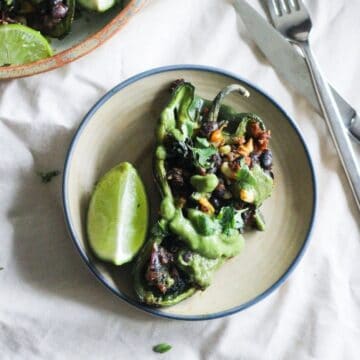 Vegetarian stuffed poblano peppers with quinoa, black beans, and avocado sauce.