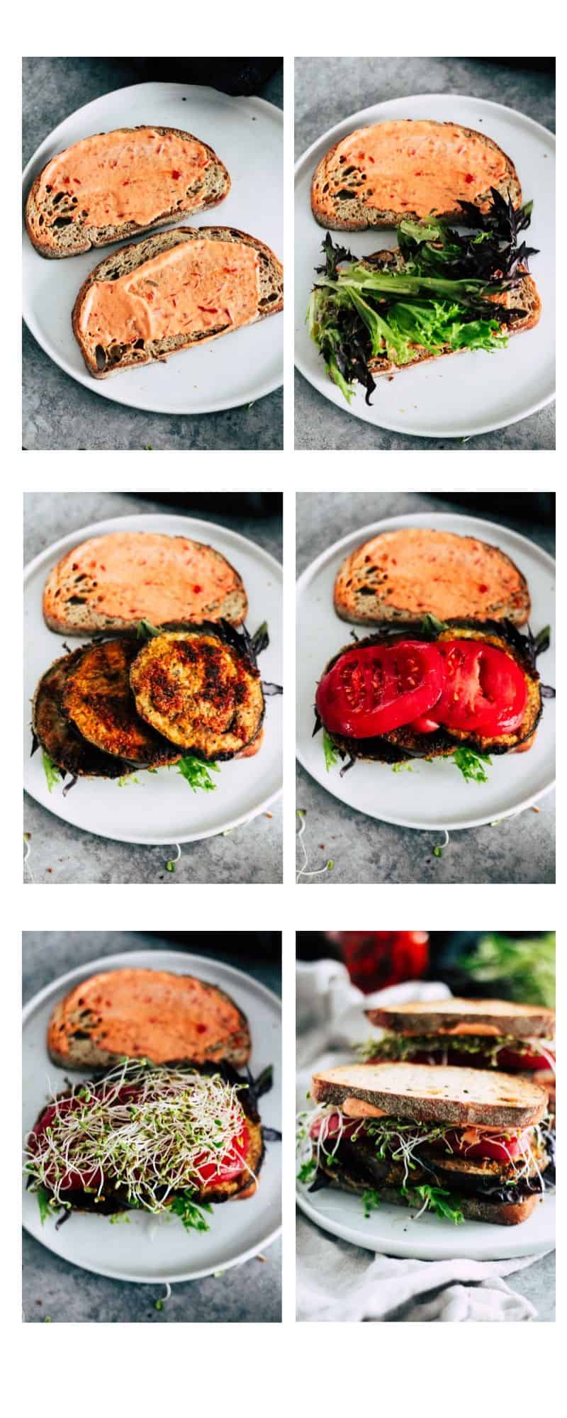 Step-by-step picture tutorial for how to make a vegetarian eggplant BLT.