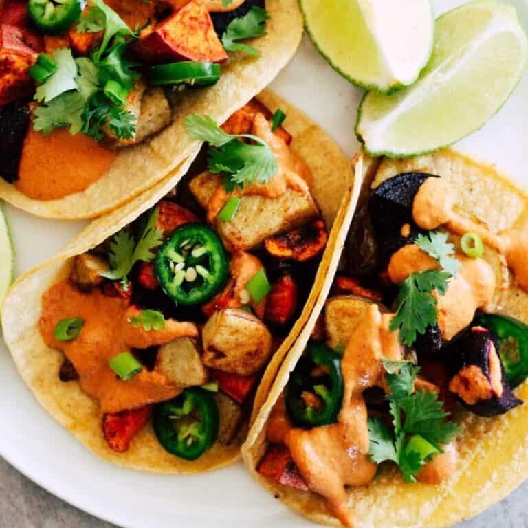 Mexican-inspired root vegetable tacos with sunflower seed queso.