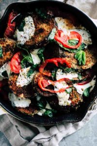 Crispy Eggplant Caprese in a cast iron skillet is one of the Most Popular Vegetarian Recipes of 2019.